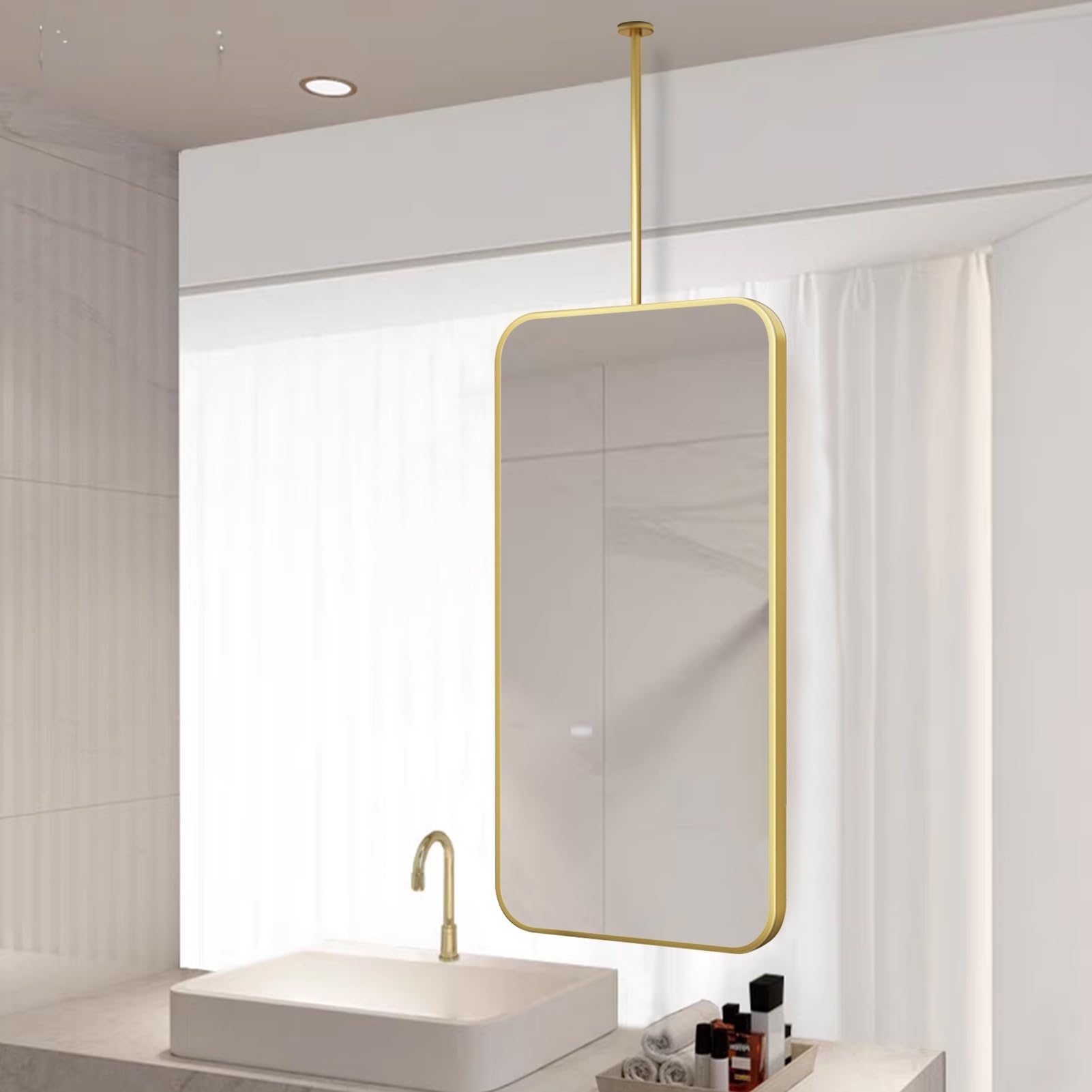 GLJTUO Bathroom Vanity Mirror Rectangle Hanging Rod on the Ceiling, Gold Large Wall for Home Living Room Dining Bedroom - Boom can be Customizable,size_name-50cmx60cm