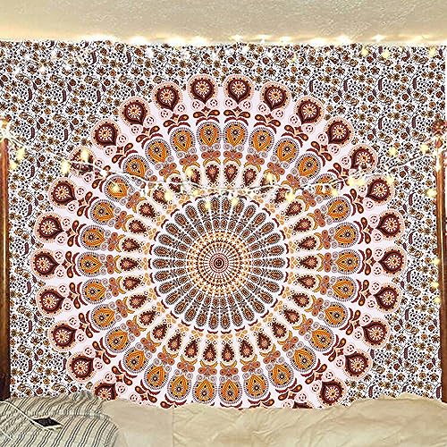 Bless International Indian hippie Bohemian Psychedelic Peacock Mandala Wall hanging Bedding Tapestry (Orange Brown