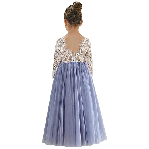 2Bunnies Girl Peony Lace Back A-Line Straight Tutu Tulle Party Flower Girl Dress (Bluish Gray Sleeve Maxi, 7/8)