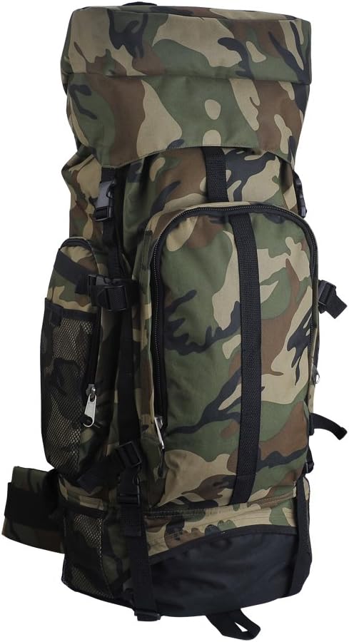 Large Camouflage Backpack for Hiking and Mountaineering - 600D Polyester - Water-Resistant, Hard Bottom, Many Zippered Elastic and Mesh Pockets - 13 × 32 × 8