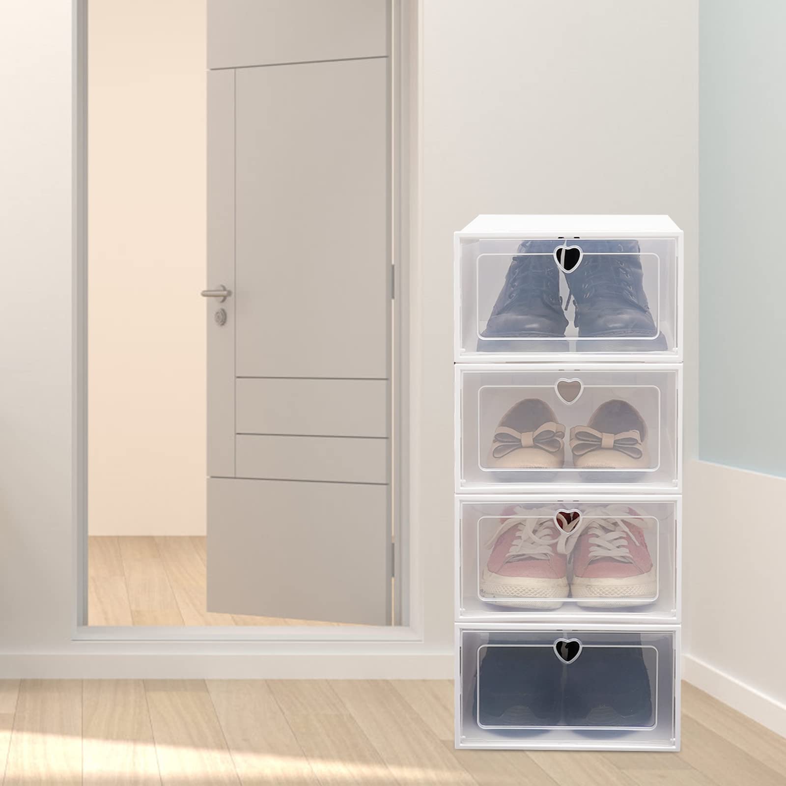 SHZICMY Schoenendoos, transparant, 24 stuks, schoenenopslag, kunststof box, schoenenorganizer, stapelbare opvouwbare kunststof schoenendoos opbergdoos (24 stuks