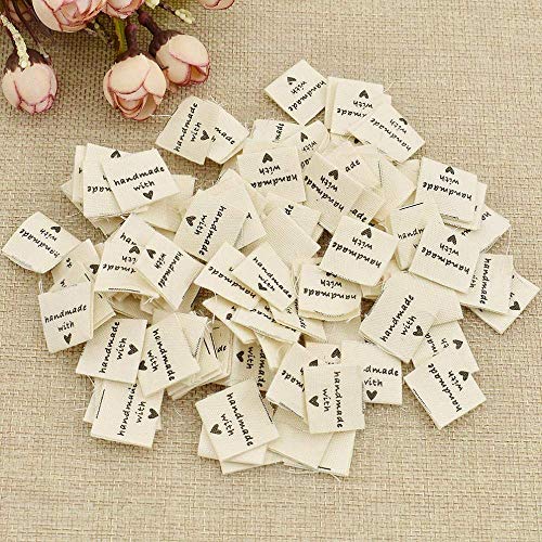 Susuntas 100 Pieces Handmade Fabric Labels Tags Clothes Labels, Handmade Fabric Labels, Embroidered Fabric Labels Tags, Handmade Labels Sewing DIY Decor (Beige)