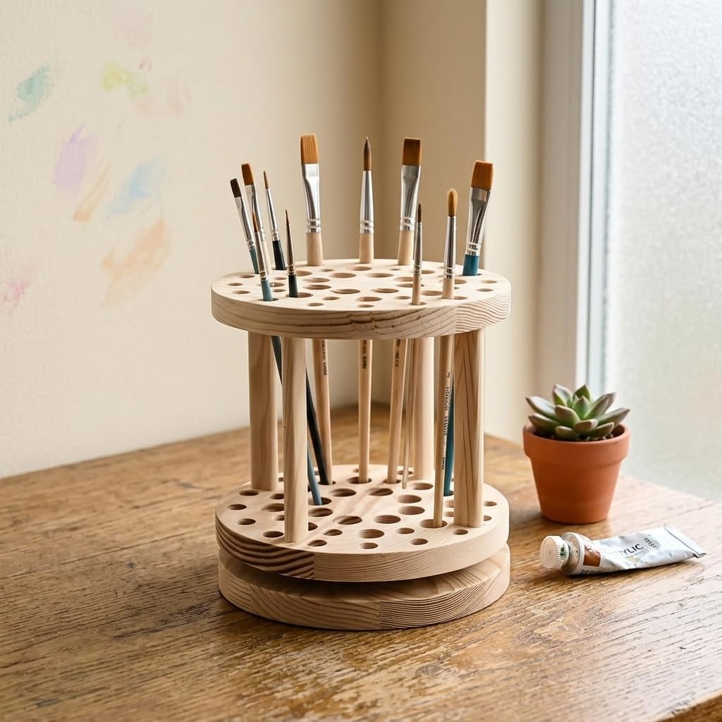 Paint Brush Holder Pine Wood Rotating Cube for Tabletop Crafts