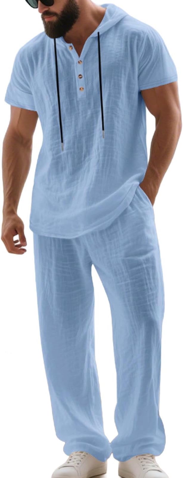 Men's Tropical Cotton Linen Sets Two Piece Short Sleeve Hoodie and Pants Casual Beach Lounge Set Summer Tracksuit