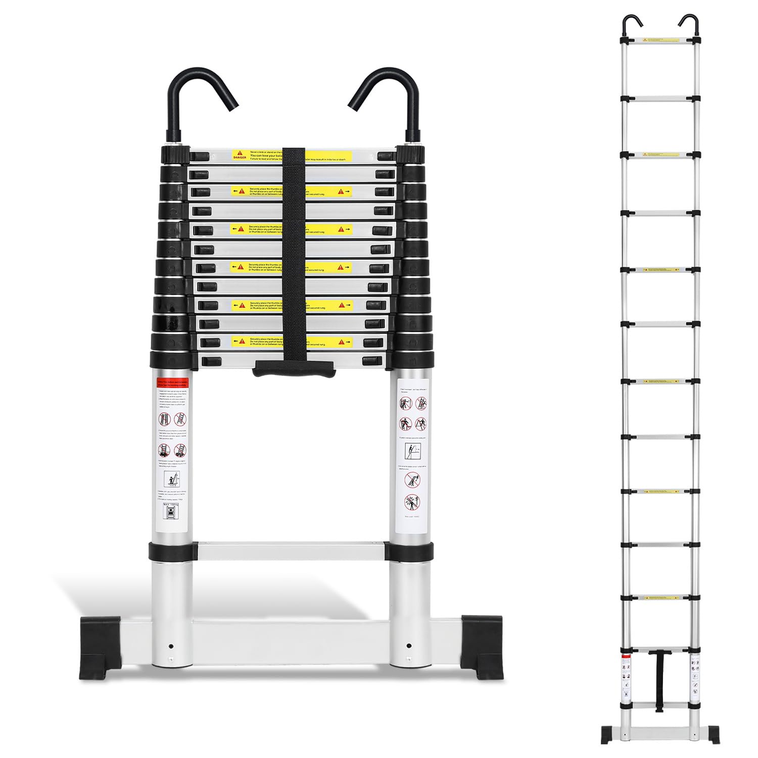 Échelle télescopique en aluminium de 3,8 m - Échelle extensible avec stabilisateur et crochets amovibles - Antidérapante - Multifonction - Charge maximale : 150 kg