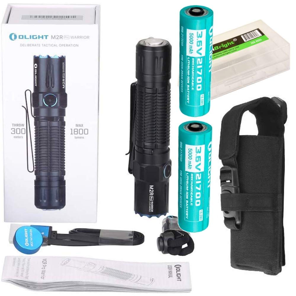 OLIGHT M2R Pro Warrior 1800 Lumens USB Magnetic Rechargeable Tactical Flashlight, 2 X 21700 Batteries, holster with EdisonBright BBX5 battery carry case