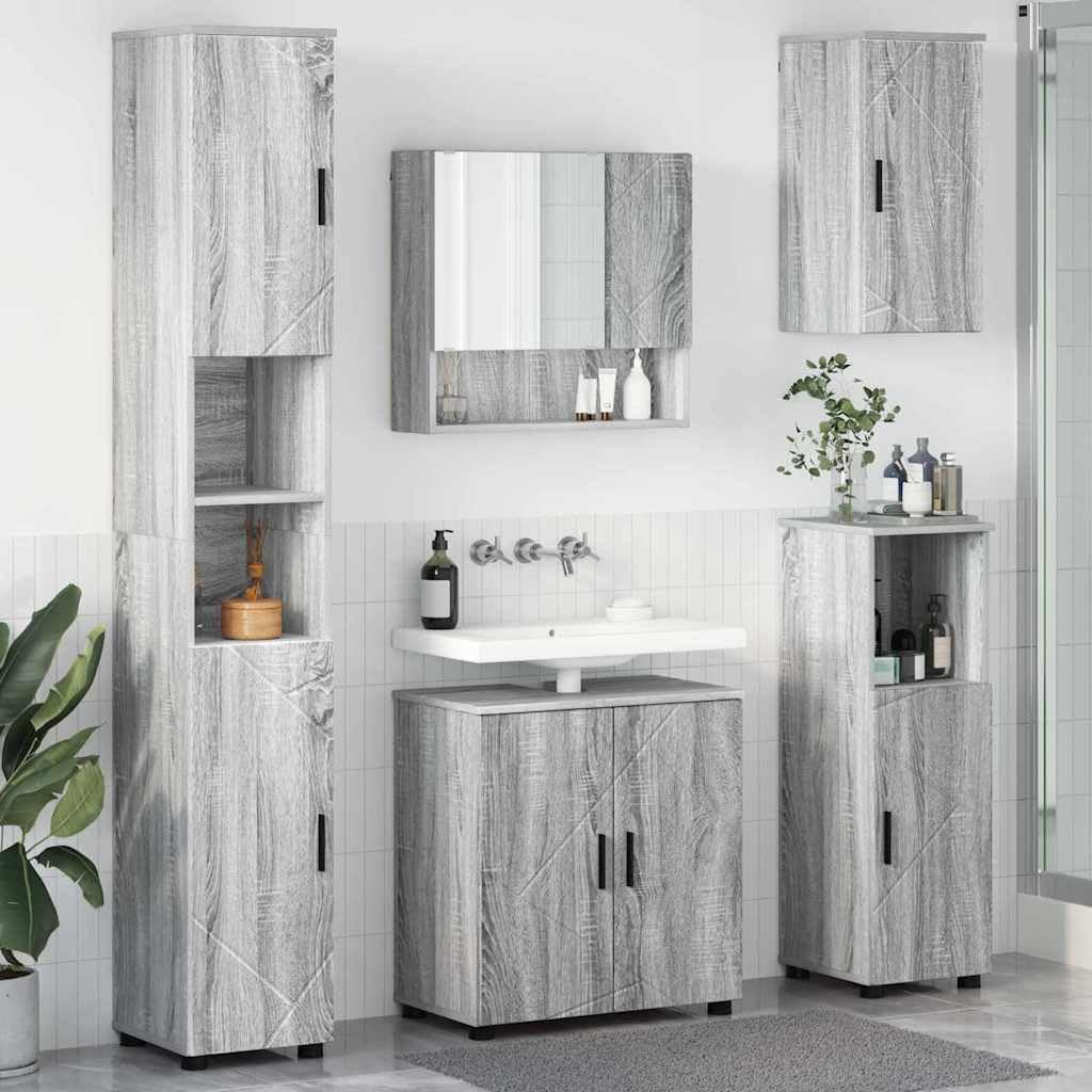 Moderno juego de muebles de baño de 5 piezas, tablero de partículas Sonoma gris y acero, incluye espejo de cristal para toallas y artículos de tocador, incluye lavabo de cerámica para