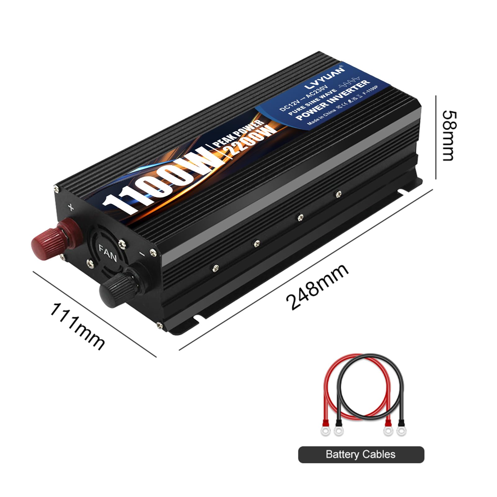 LVYUAN Inversor 12V a 220V 230V 1100W/ 2200W Convertidor de tensión de Onda sinusoidal Pura Transformador con Pantalla LED, Enchufe UE y 2 Puertos USB