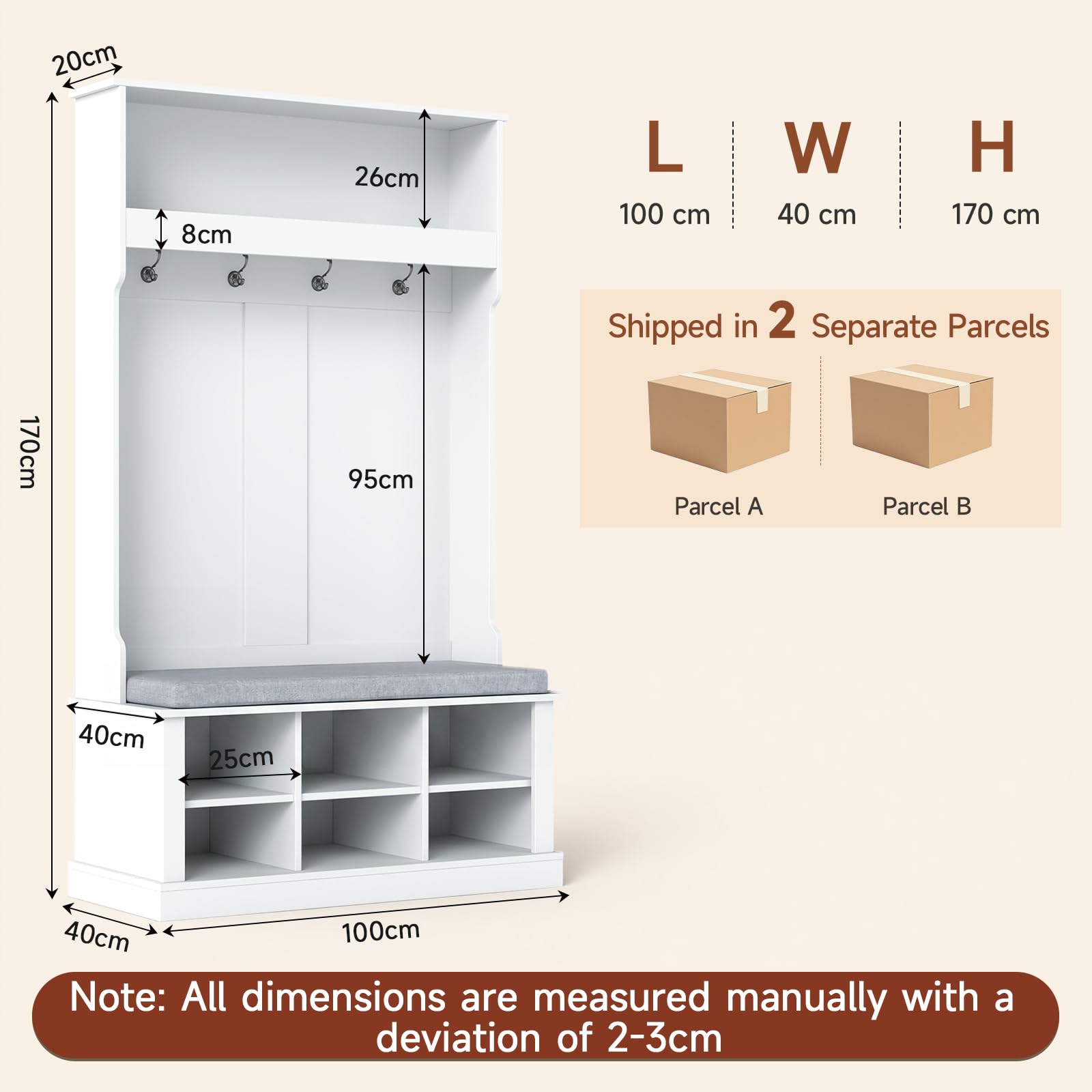 HAUSPROFI Flurgarderobe mit Sitzbank platzsparend 100×40×170 cm, 4 Haken + verstellbare Böden, stabile Spanplatte-MDF, graues Leinenkissen, für Diele, Flur & Wohnzimmer (Weiß)