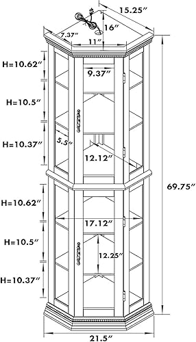 Miniatura 3 de Hayiodda Gabinete de exhibición de cristal Curio de esquina - Gabinete de China Curio de esquina iluminado con respaldo espejo, vitrina de China con