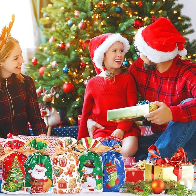 Fyavdio Sacchetti di Caramelle di Natale, 50PCS Sacchetti di Natale con Coulisse Colorata, Avvolgere Sacchetti Regalo di Vacanza, Xmas Regalo Trattare Sacchetti per Partito Favori Regalo Wrapping