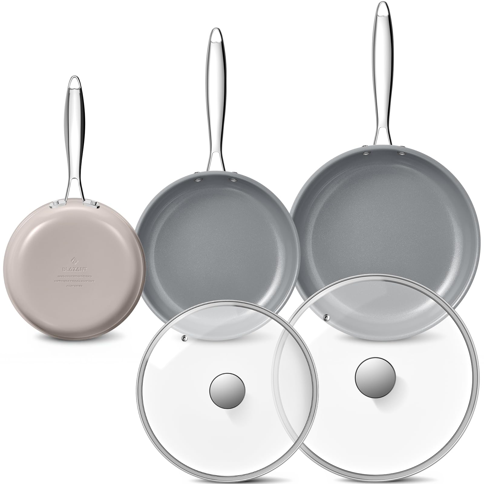 BLAZANT Juego de 5 Sartenes con Tapas, Sartenes Antiadherentes de Cerámica para Inducción (20, 24, 28 cm), Base de Inducción Molecular, Sin PTFE, Aptas para Todo Tipo de Cocinas, Horno y Lavavajillas