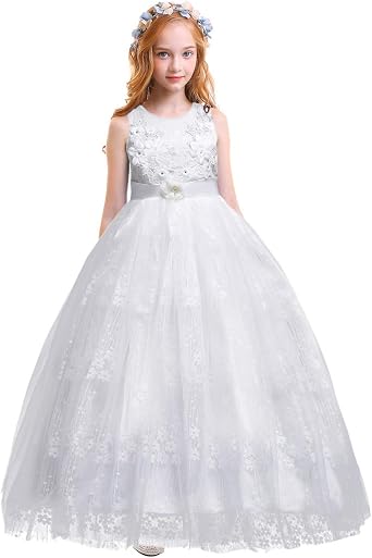 Flower Girls Wedding Bridesmaid Dresses Lace Embroidery Tulle Party Princess Pageant Evening Long Maxi Prom Ball Gown