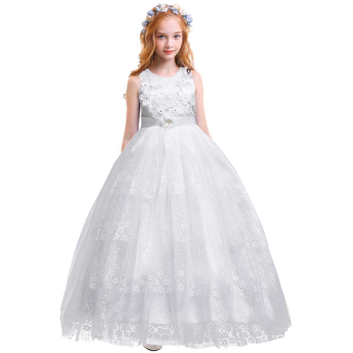 Ragazze Fiore Vintage Pizzo Principessa Abito Lungo per Bambini Tulle Pageant Festa Formale Matrimonio Pavimento Danza Abito Da Sera - Rosa - 7-8 Anni