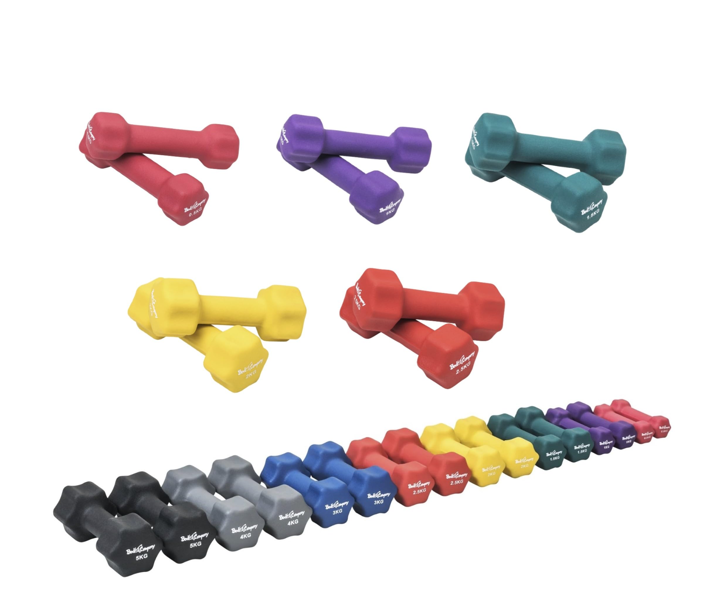 Bad Company Neoprenowe hantle do aerobiku, gimnastyki i fitnessu, 2 x 0,5 kg + 2 x 1 kg + 2 x 1,5 kg + 2 x 2 kg + 2 x 2,5 kg