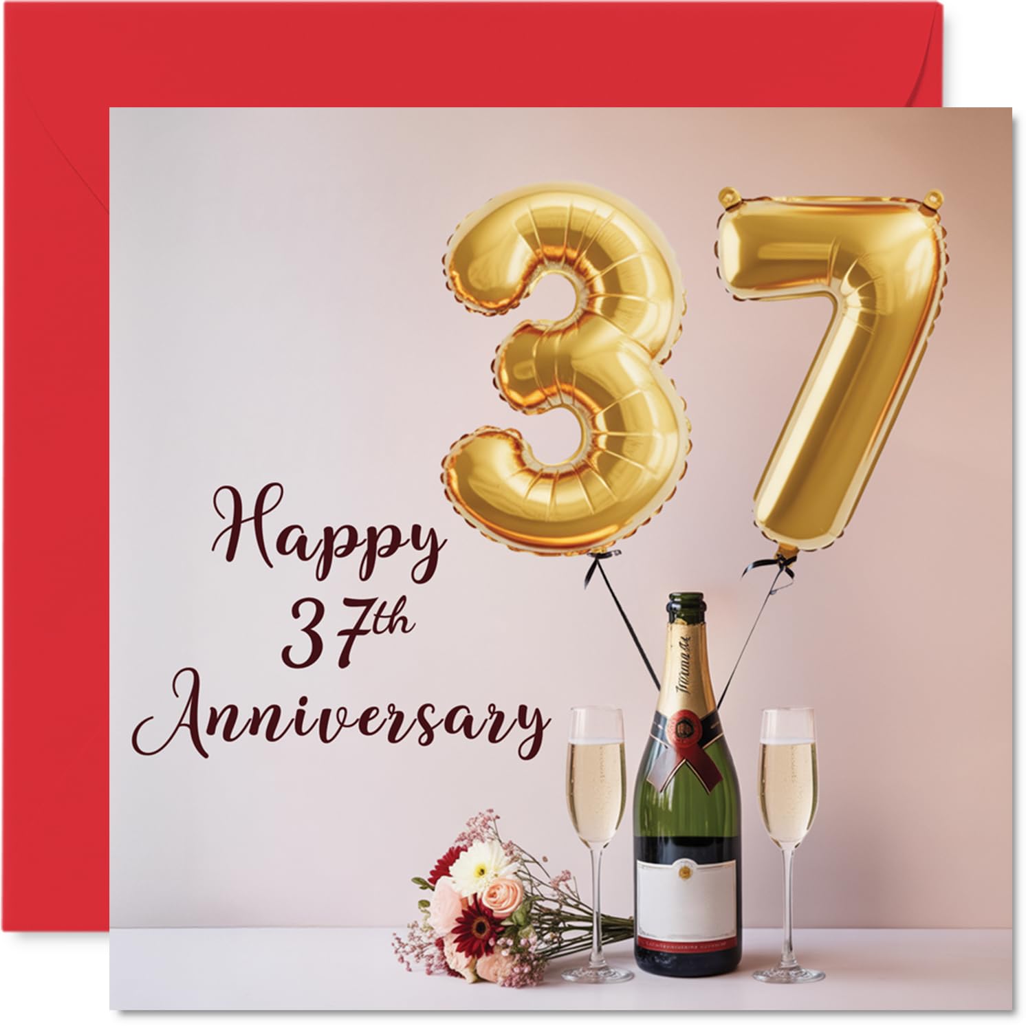 37th Anniversary Card for Women Men - Balloons & Bottle of Bubbly - Happy 37 Year Anniversary Card for Boyfriend Girlfriend Partner Wife, 145mm Wedding Anniversaries Greeting Cards