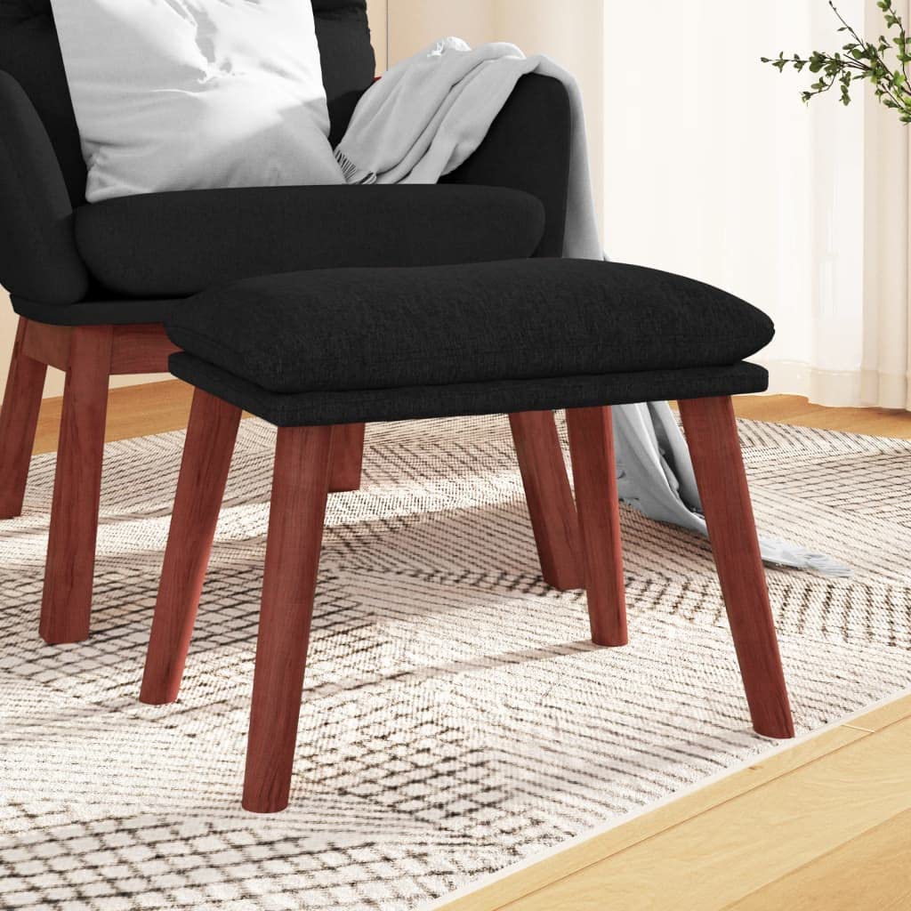 Podnóżek czarny z materiału z nogami z drewna kauczukowego, 45 x 29,5 x 35 cm, kompaktowy taboret tapicerowany jako podnóżek do salonu, sypialni, korytarza, nowoczesny i stabilny