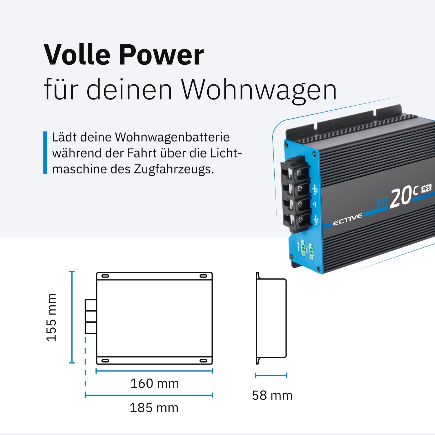 ECTIVE BB 20C PRO Ladebooster 20A 12V auf 12V, Einstellbarer DC-DC | Battery-to-Battery Ladebooster für Caravan & Wohnwagen, konfigurierbar für AGM/GEL/Nass/LiFePO4, Frei Einstellbare Ladeströme