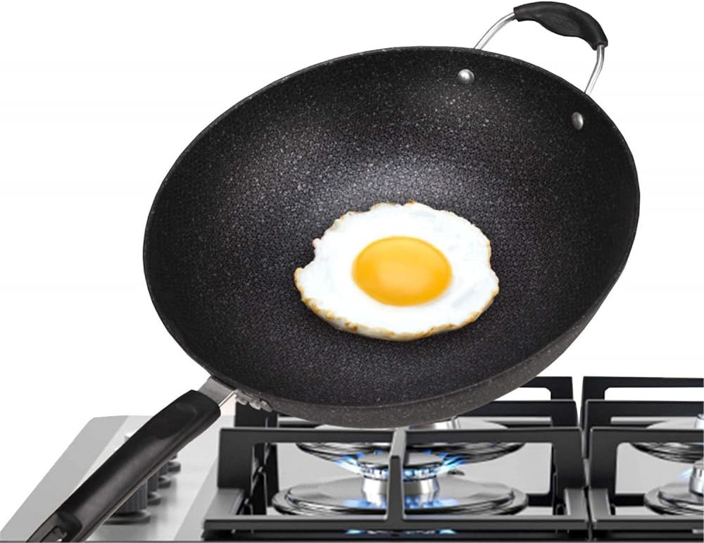 ASerZenith Carbon Steel Wok Flat Bottom,Woks And Stir Fry Pans Nonstick,Uncoated Cooking Wok Pan With Handle,Chinese Pans And Pots For Electric, Induction And Gas Stoves,30Cm