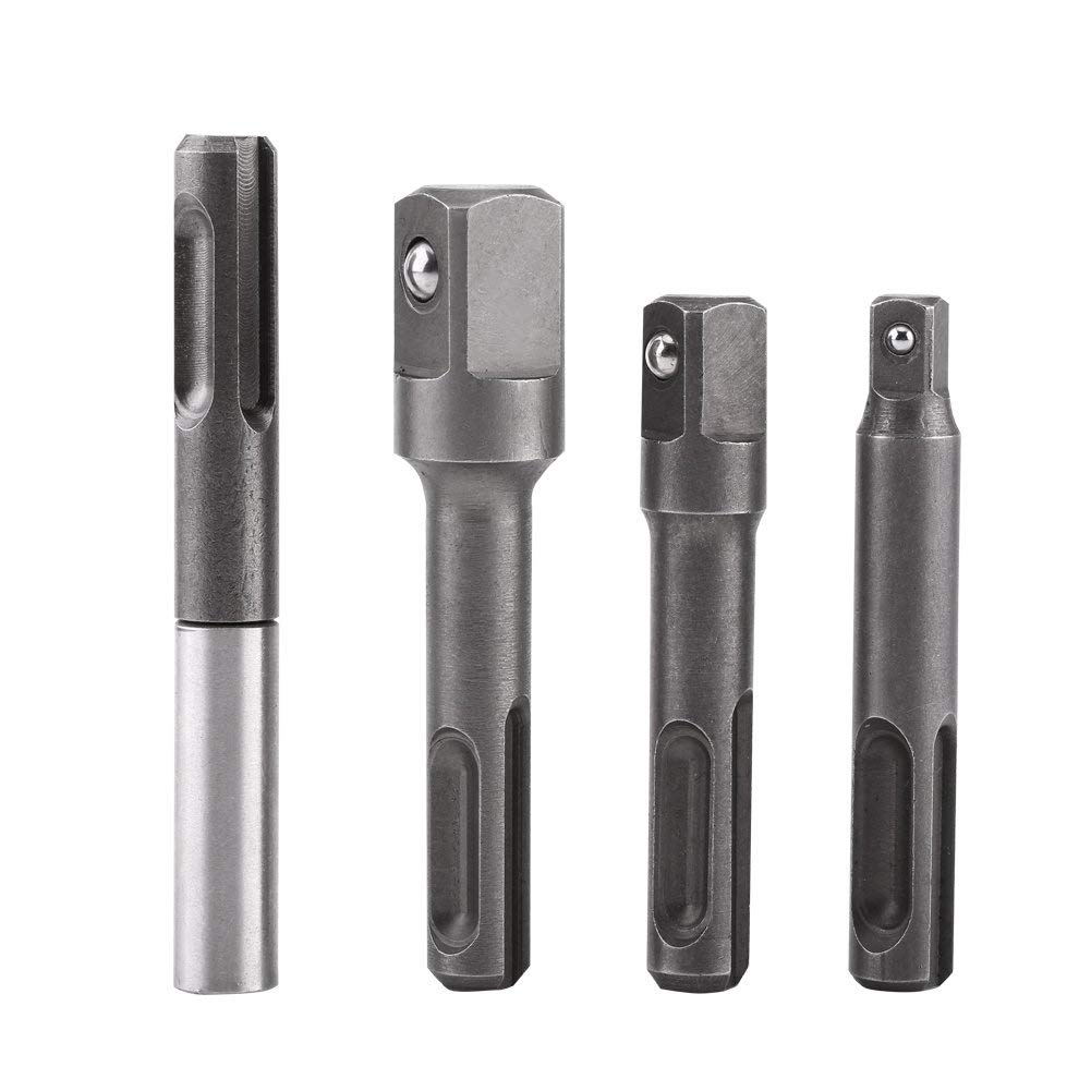 4-Piece SDS Plus Socket Adapter Set – 1/4" Hex To 1/4", 3/8" & 1/2" Square Impact Socket Extensions For Power Drills