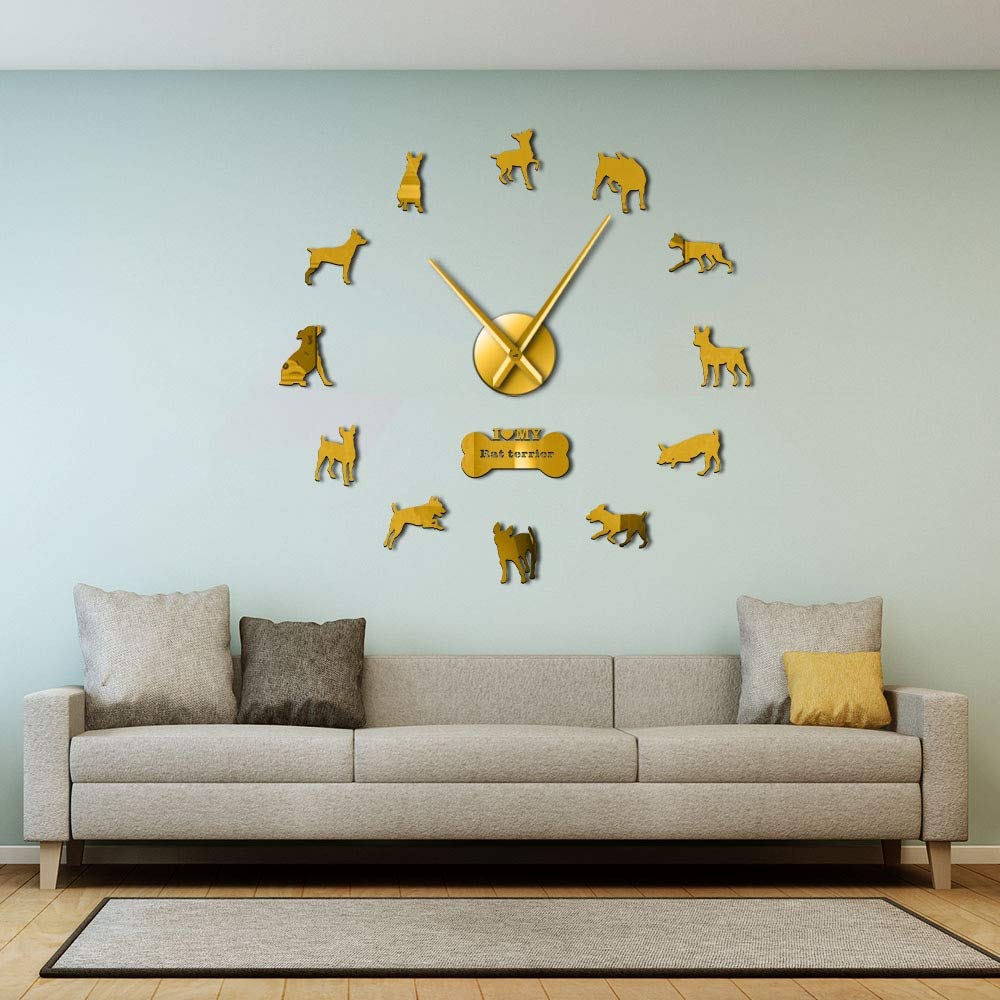 Grand miroir mural Feist chien horloge en acrylique de qualité pour décoration raffinée dorée