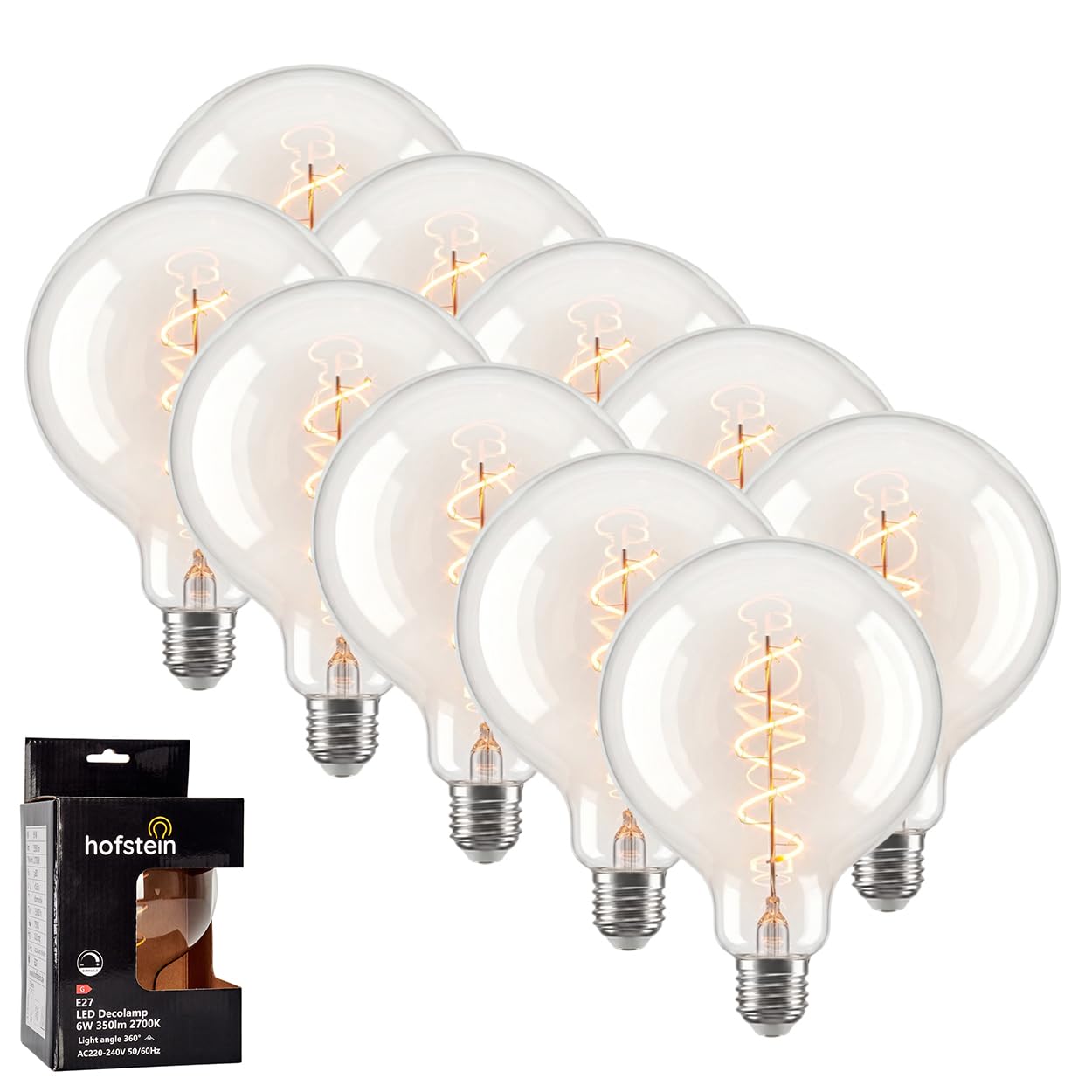 HOFSTEIN E27 LED Warmweiss Glühbirne 10er Set Dimmbar, 6 Watt Vintage Kugel groß Leuchtmittel mit Filament Klar 2700 Kelvin 350 Lumen für für Wohnzimmer, Schlafzimmer Esstisch und Gastronomie, G125