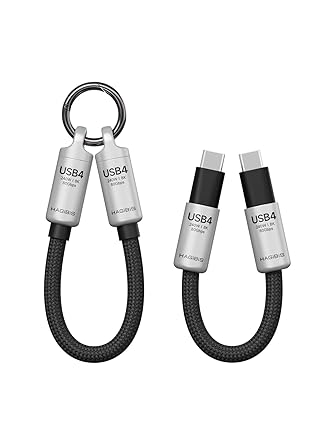 كابل Hagibis USB4 سلسلة مفاتيح محمولة 0.5 قدم، 80 جيجابت في الثانية 240 واط 8K@60 هرتز كابل قصير من C إلى C كابل من النوع C لهاتف iPhone 17 16 15 Pro Max، iPad Pro، Thunderbolt 5/4/3، SSD خارجي فضي