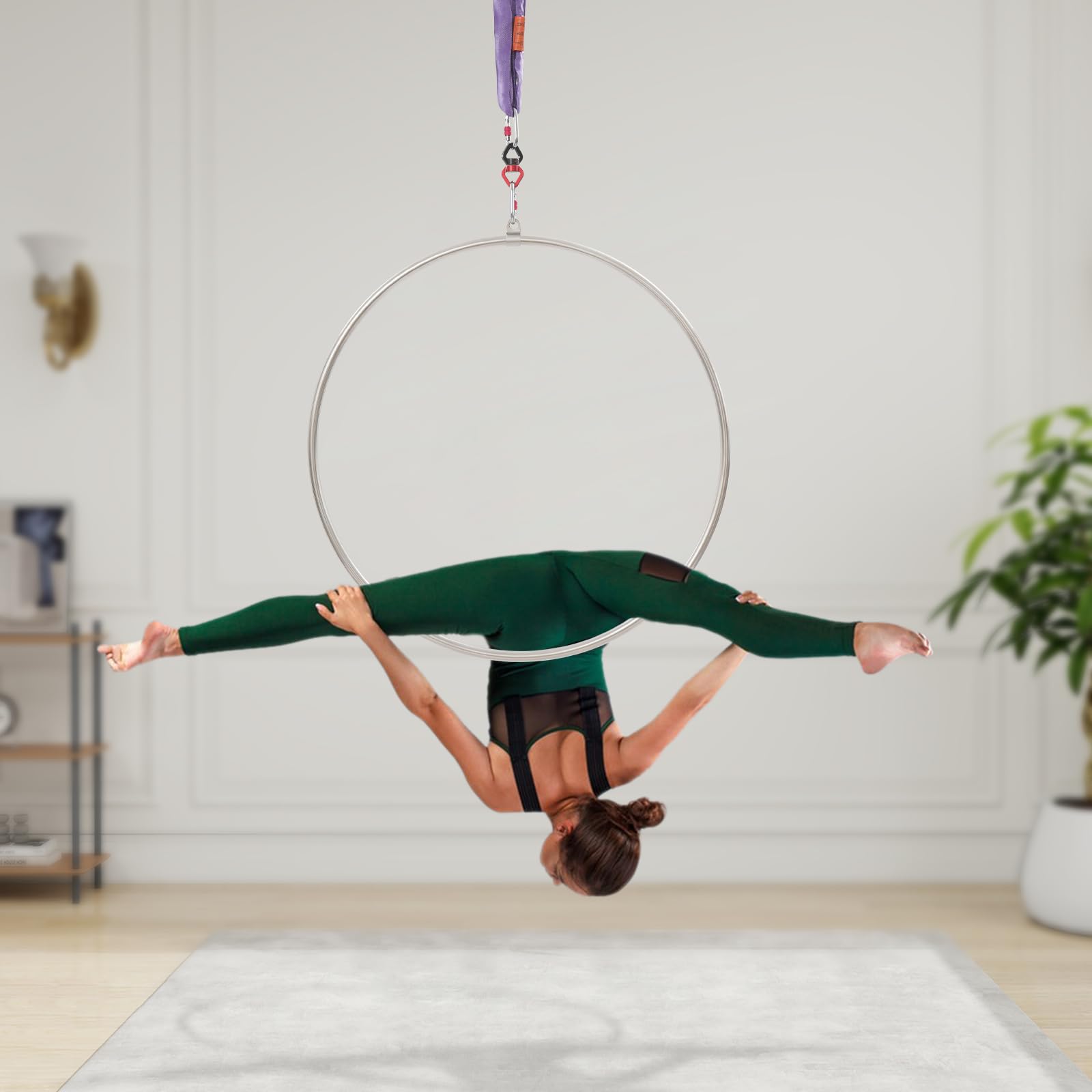 Aerial Hoop - Anello da circo per acrobazie, yoga, ginnastica, montaggio a soffitto, cinghia rotonda, 1 m, capacità di carico 10 kN, connettore girevole 30 kN con 3 moschettoni di sicurezza per