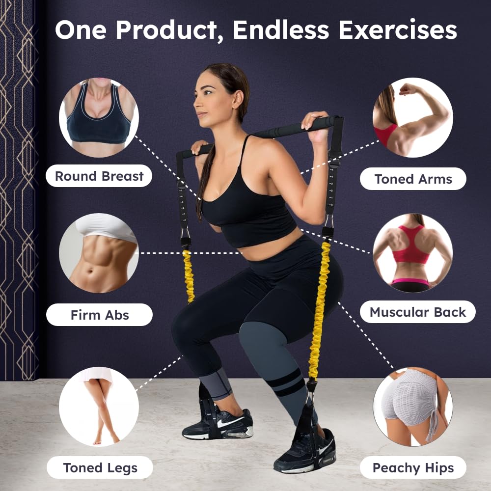 Kit de barra de pilates con bandas de resistencia, 3 bandas de bucle + 1 cuerda de saltar y equipo de entrenamiento de cuerpo completo, canal de video dedicado, gimnasio portátil en casa
