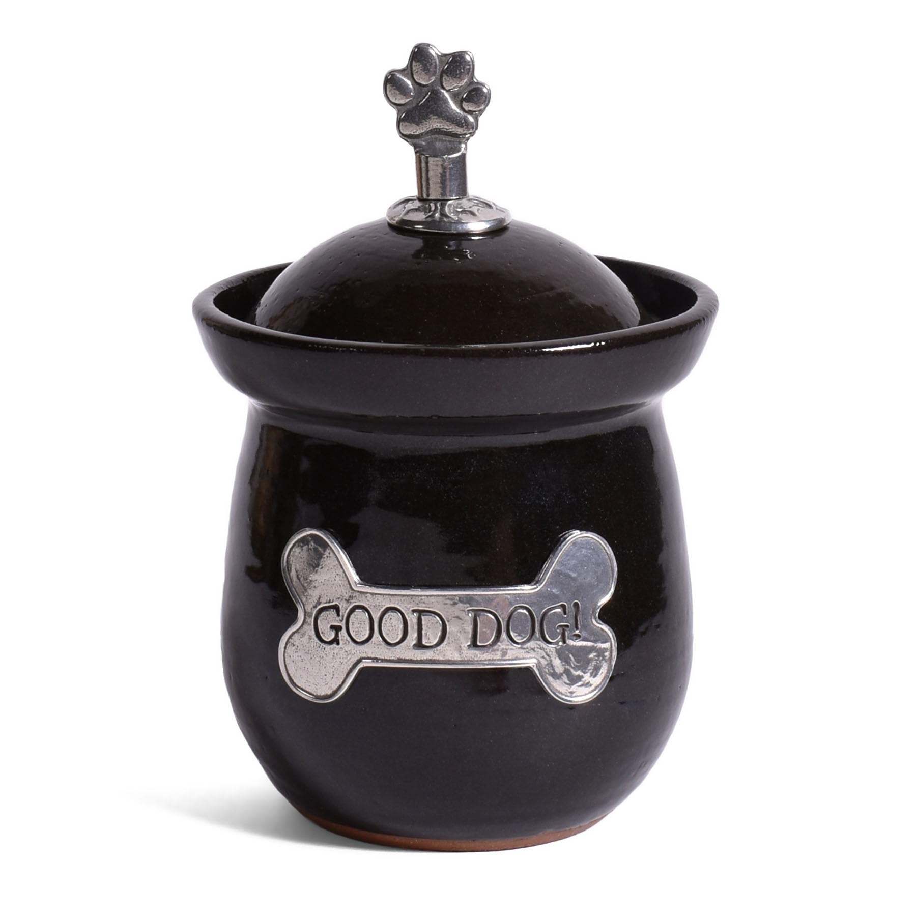 The Barrington Garage American Handmade Good Dog! Small Treat Jar with Pewter Plaque and Paw Print Finial by MudWorks Pottery, Black