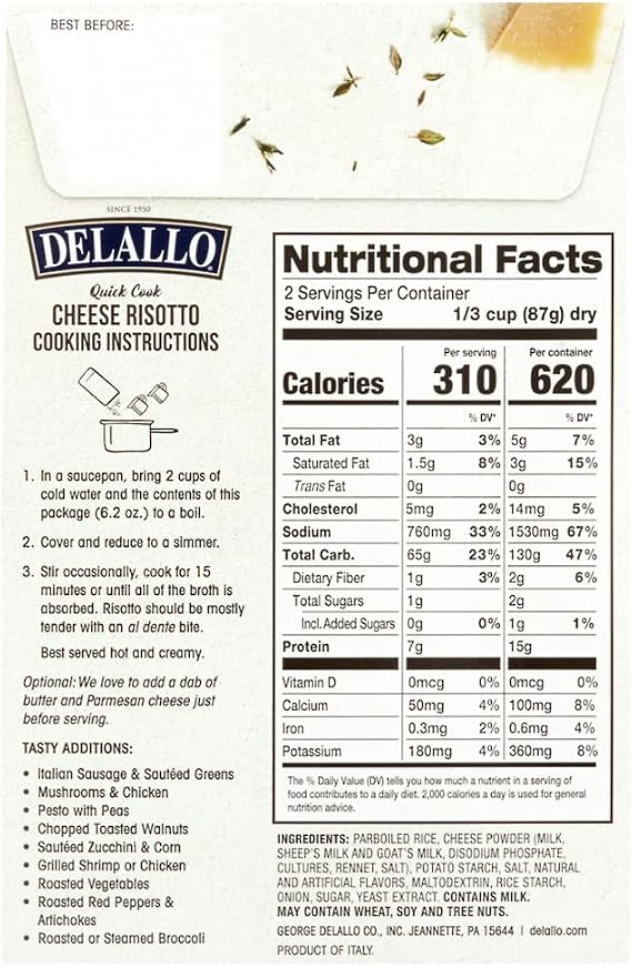 DeLallo Quick Cook Cheese Risotto Rice Mix, Made in Italy, Ready in 15 Minutes, Non-GMO, Authentic Italian Recipe, Creamy Texture, Vegetarian, (3 Pack)