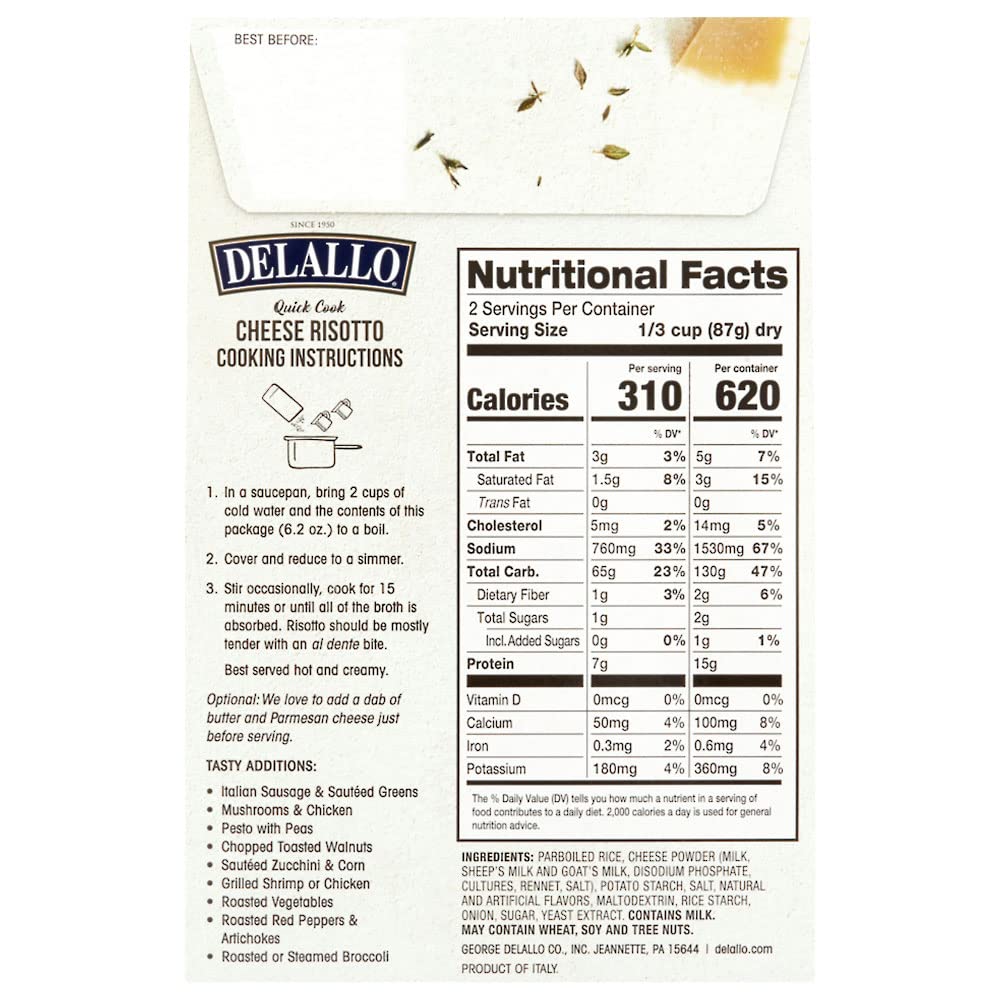 DeLallo Quick Cook Cheese Risotto Rice Mix, Made in Italy, Ready in 15 Minutes, Non-GMO, Authentic Italian Recipe, Creamy Texture, Vegetarian, (3 Pack) image 2