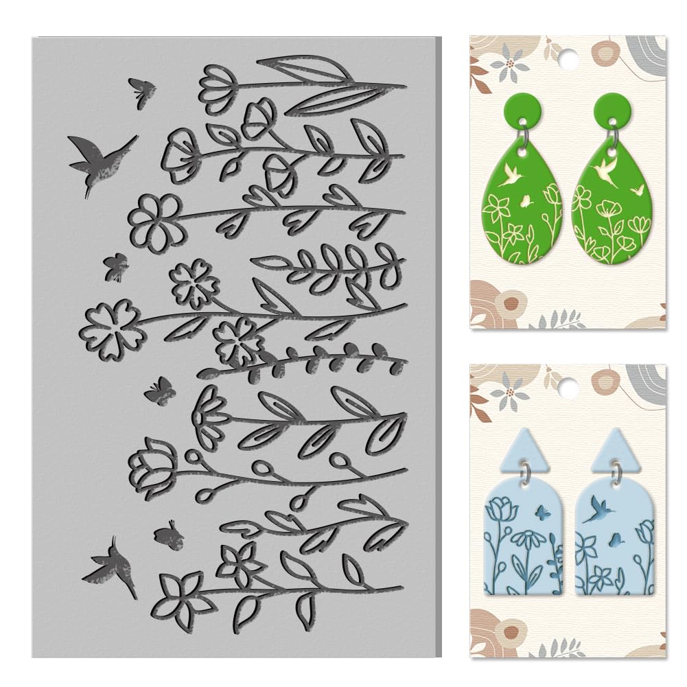 CHGCRAFT Wild Flowers Clay Texture Mat Hummingbird Clay Modeling Pattern Pad Butterflies Texture Sheets for Polymer Clay Making Earrings Jewerly Tools, 4×2.6inch