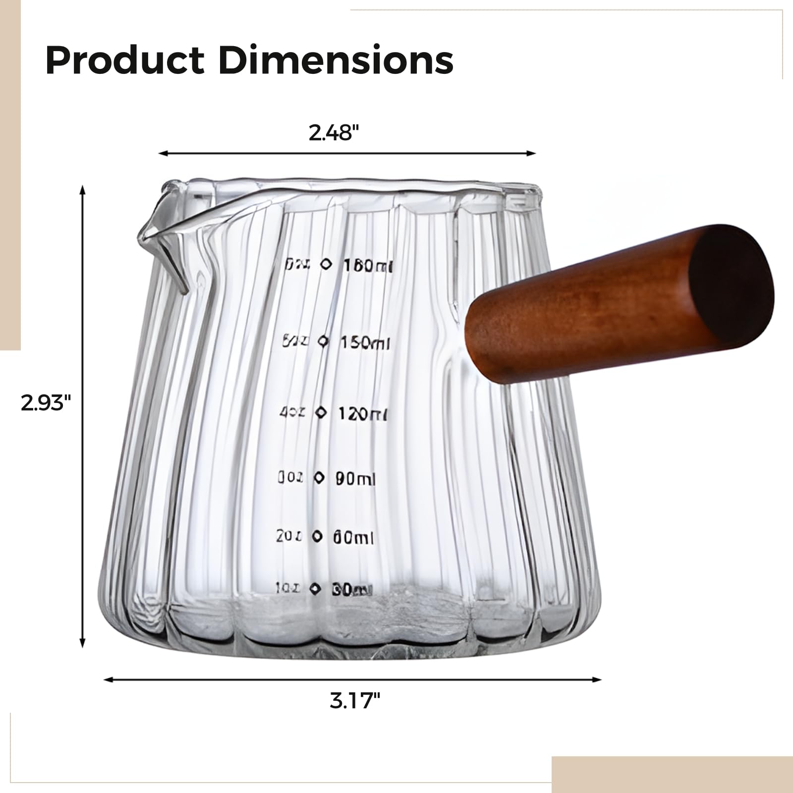 Lot de 2 tasses à mesurer en verre, 180 ml, pichet triple de 6 oz avec bec verseur, verre doseur pour café avec poignée en bois, pour espresso, baristas et amateurs de café