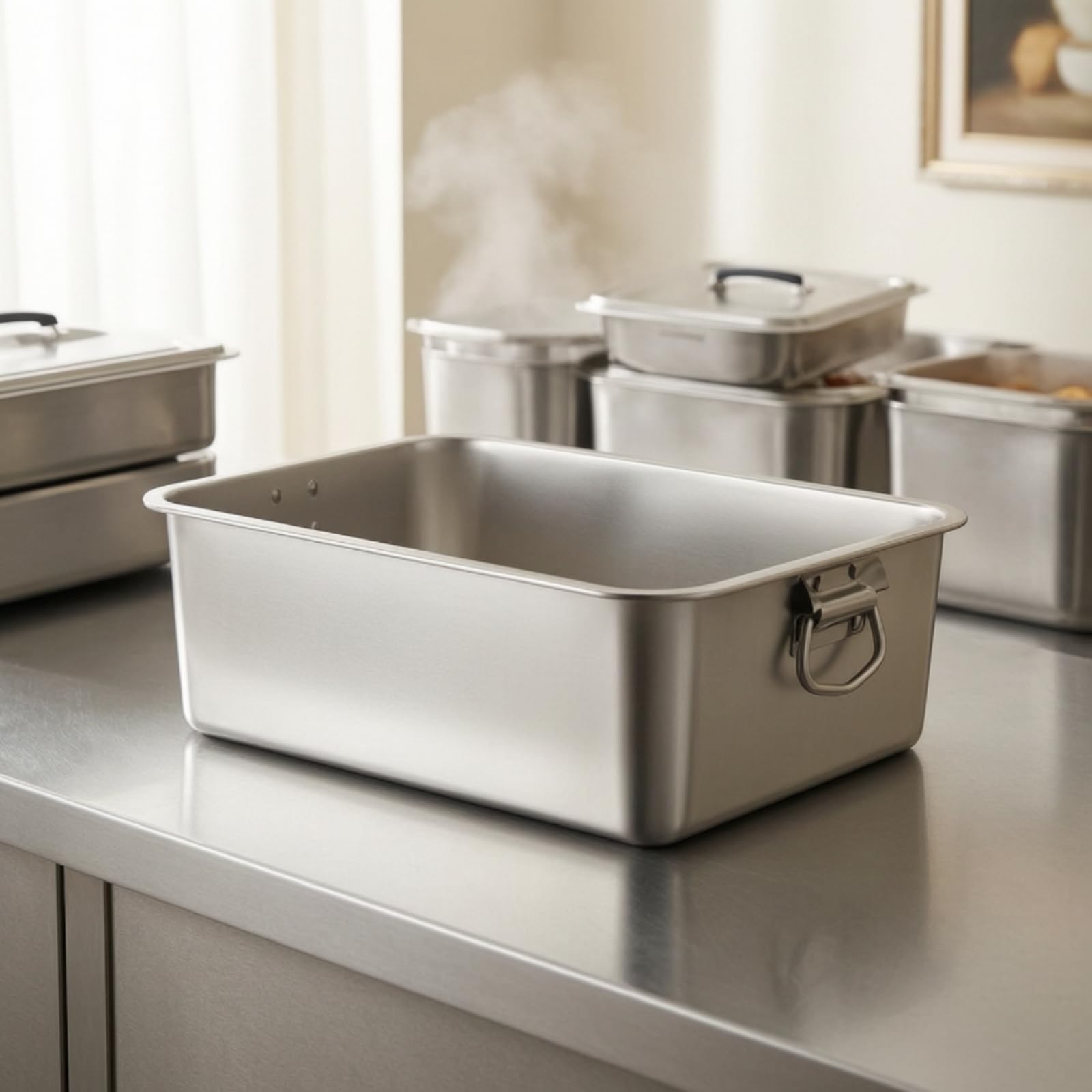 Vassoio Buffet Rettangolare in Acciaio Inox Resistente Vassoio da Buffet in Acciaio Inox con Manici Piatto da Portata per Operri Ristorazione, 27x20x10 Cm