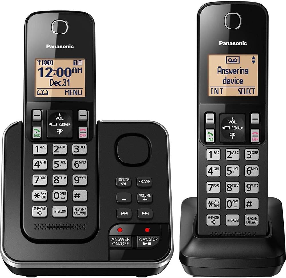 2 Handset Expandable Cordless Phone System with Answering Machine, Amber Backlit Display and Call Block - KX-TGC362B (Black)