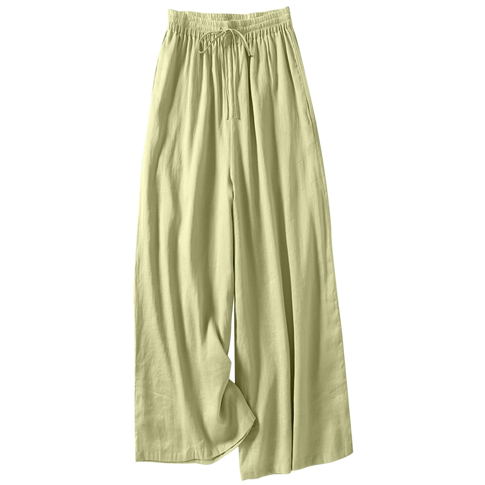 Womens Cotton Linen Palazzo Pants Fall Baggy Casual Wide Leg Pants High Waisted Flowy Lounge Trousers with Pockets