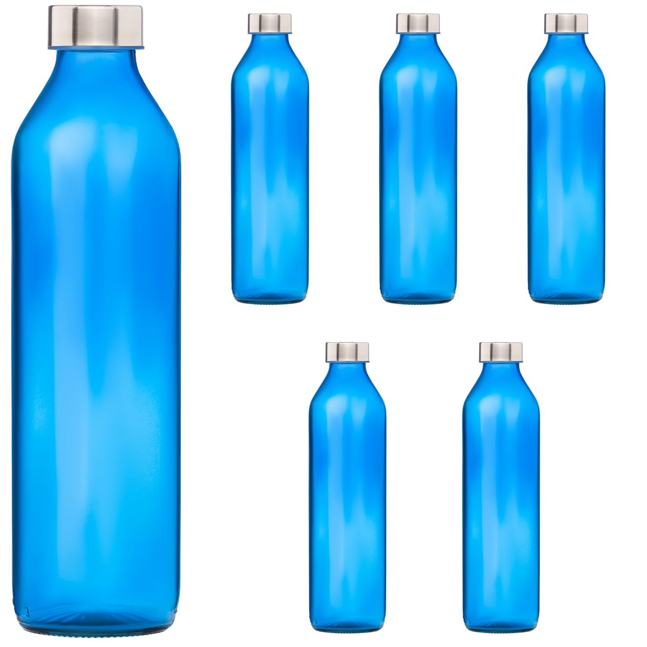 SAND DUNE Set of 6, 800 ml Each Blue Glass water bottle, with Leak-Proof Airtight Stainless-Steel Lid for Water, Smoothie, Juices - Reusable Travel Glass Drinking Fridge Bottles