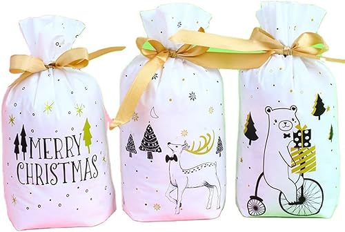 Miniatura 5 de Zsail - Bolsas de regalo de Navidad, 50 unidades, galletas de caramelo de Navidad, bolsas de regalo de plástico con cordón, bolsas de regalo de