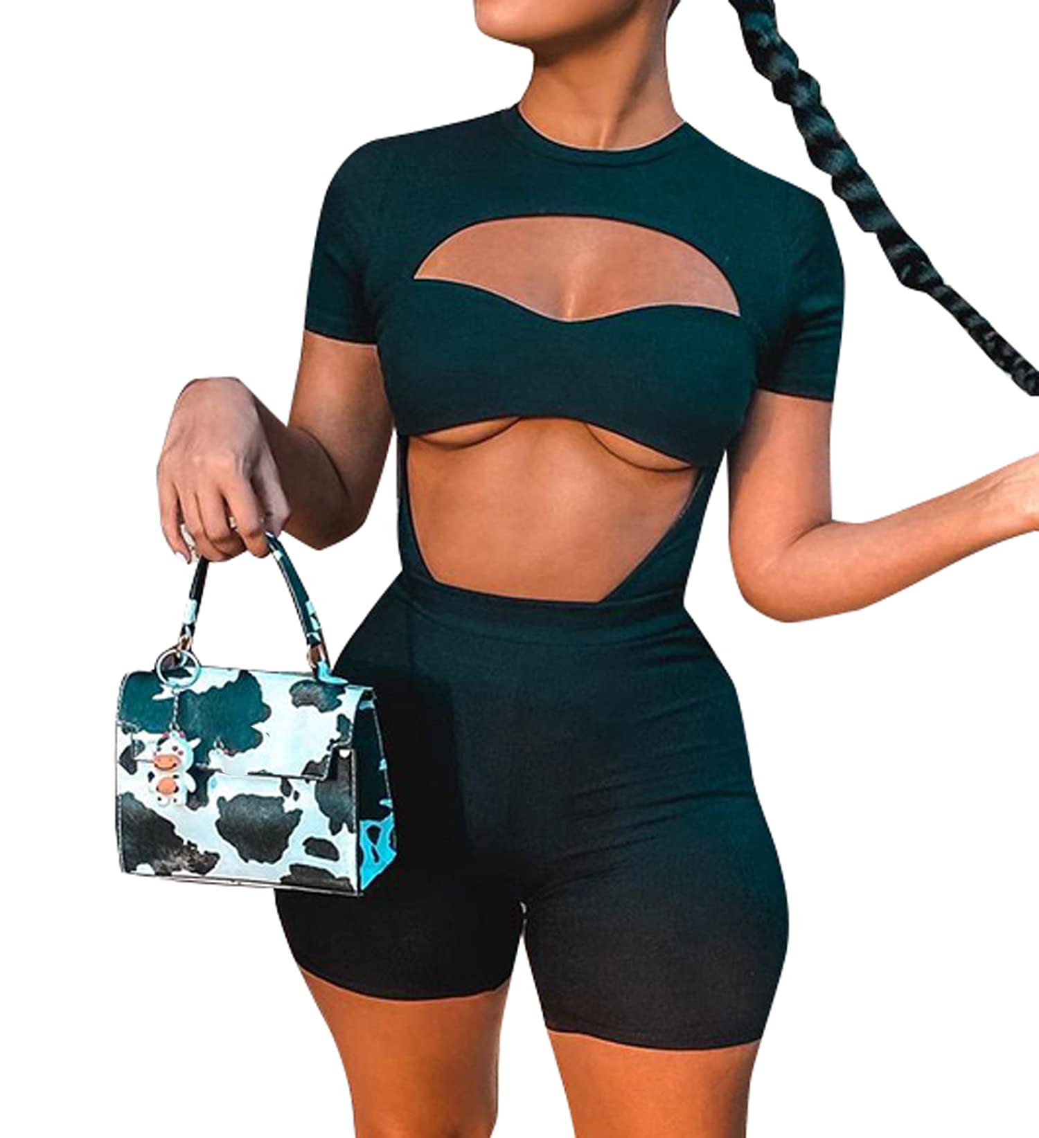 Women Bodycon Tracksuit 2 Piece Outfits Short Sleeve Jumpsuit Cutout Bodysuit Top & Ribbed Shorts Romper Set (Black, Small)