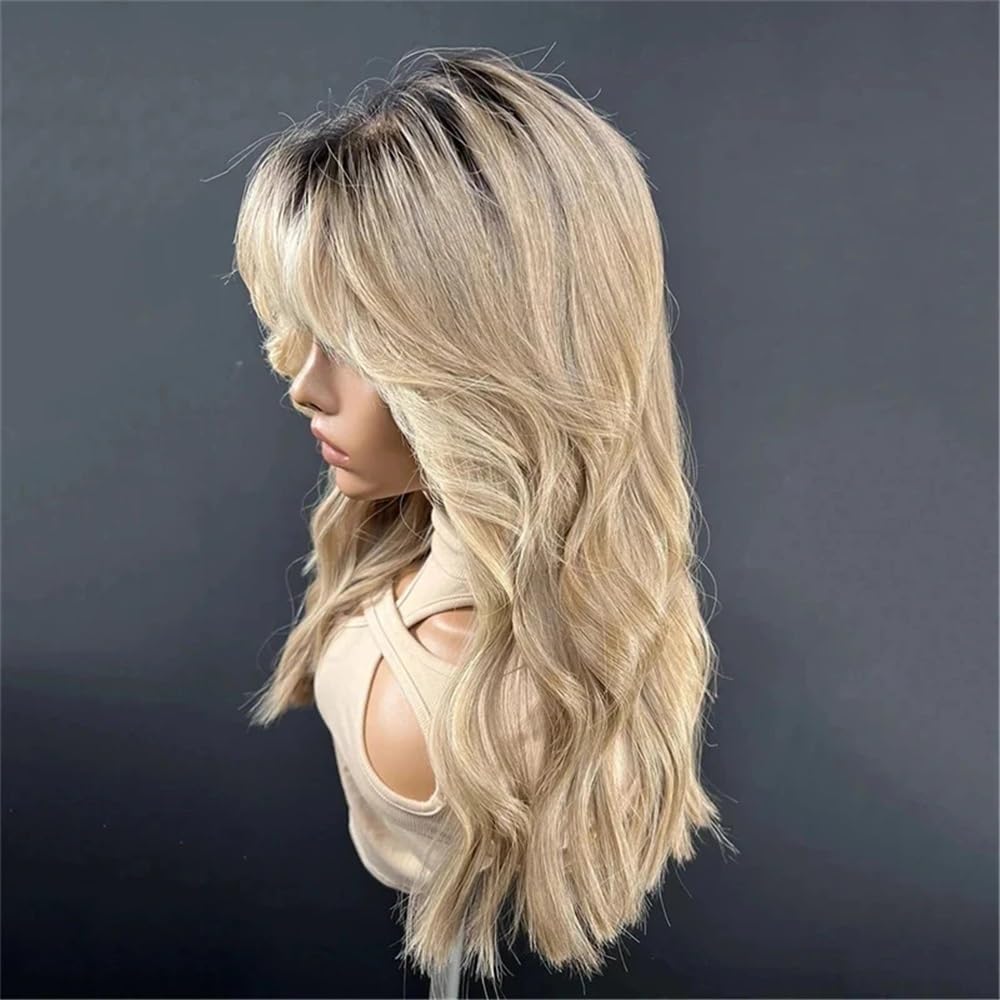 Peruki z koronką falową Peruki z koronką dla kobiet Ombre Ash Honey Blonde Kolorowe peruki bez kleju z grzywką Peruka syntetyczna Peruki z naturalnych włosów syntetycznych(24inches)