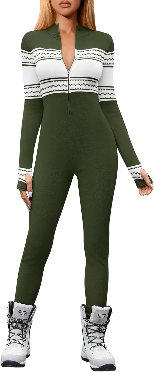 Yousify Women's Jumpsuits Workout Ribbed Long Sleeve Zip Up Front Sport Ski Rompers with Thumb Hole S-2XL