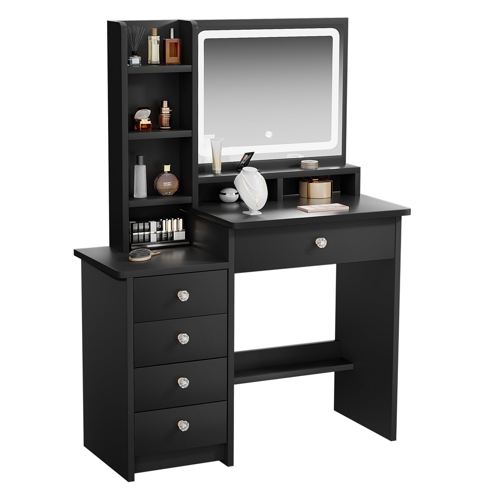 ZenkiHome Dressing Table with LED Mirror and Adjustable Lights, 90cm Black Vanity Desk