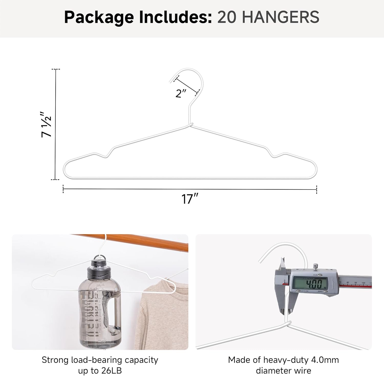 StorageWorks 4mm Super Thick Metal Wire Hangers, Heavy Duty Stainless Steel Clothes Hangers for Coats, Shirts Jackets, Pants, Suits, Space Saving White Hangers for Closet, 20 Pack
