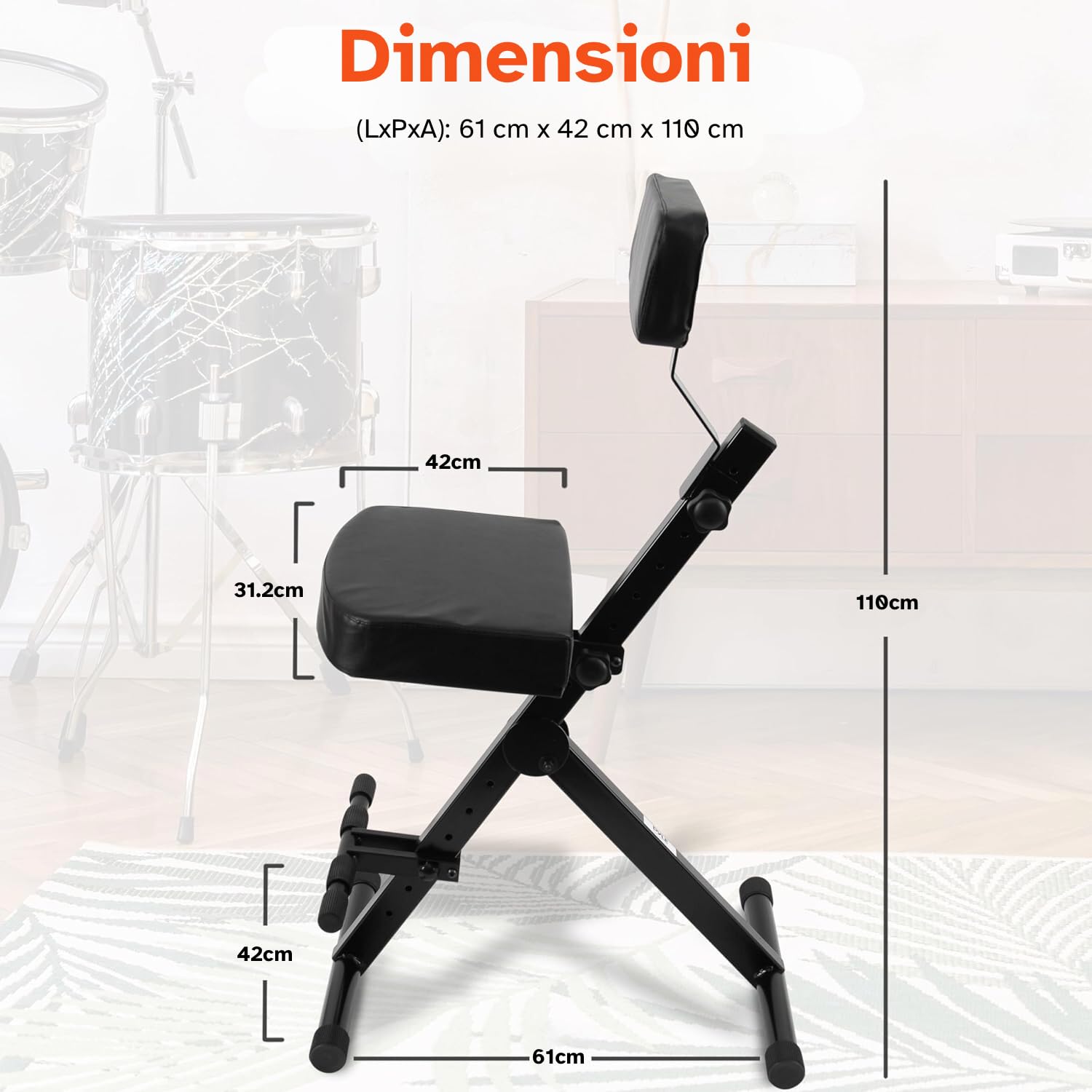 Pyle Sgabello Portatile Regolabile per Musicisti e Performer, Sgabello Batteria Pieghevole, Trono per Batteristi, Chitarristi e Tastieristi con Seduta e Schienale Imbottiti Regolabili, Poggiapiedi