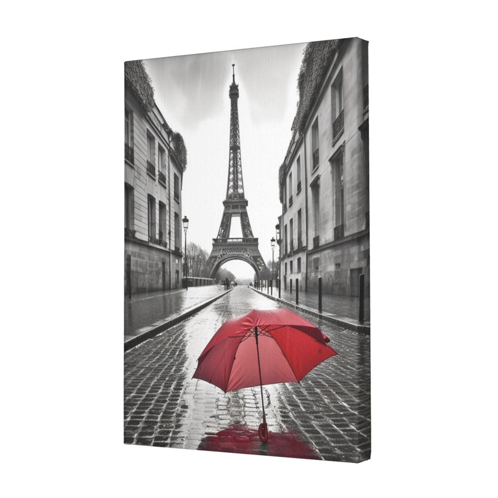 KLOPH Eiffel Tower Paris Street Red Umbrella Canvas Wall Art for Living Room 12"x18" Modern Artwork Painting for Bathroom Hanging Canvas Prints Aesthetic Wallart for Bedroom Kitchen Office Wall Decor