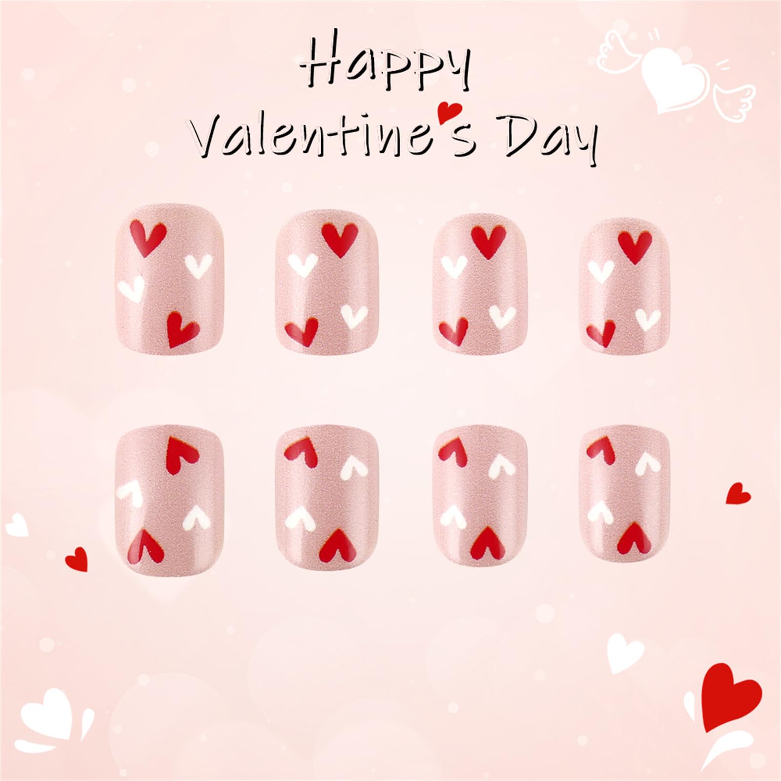 24 unghie finte a forma di cuore, con chiusura a pressione, corte, quadrate, in acrilico, lucide, per San Valentino