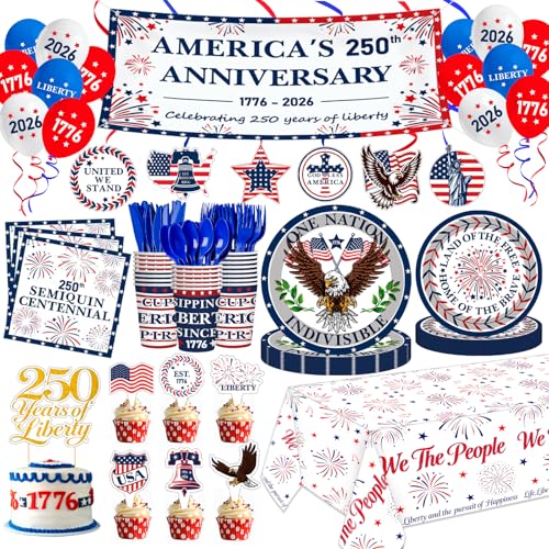 BKYVFDP 4th of July Party Supplies USA 250th Anniversary Patriotic Party Kit Include Plates Balloons Banner Tablecloth Cake Topper Napkins Cups Tableware Serves 24