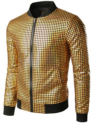 JOGAL Herren Metallic Pailletten Baseball Bomberjacke 70er Disco Party...