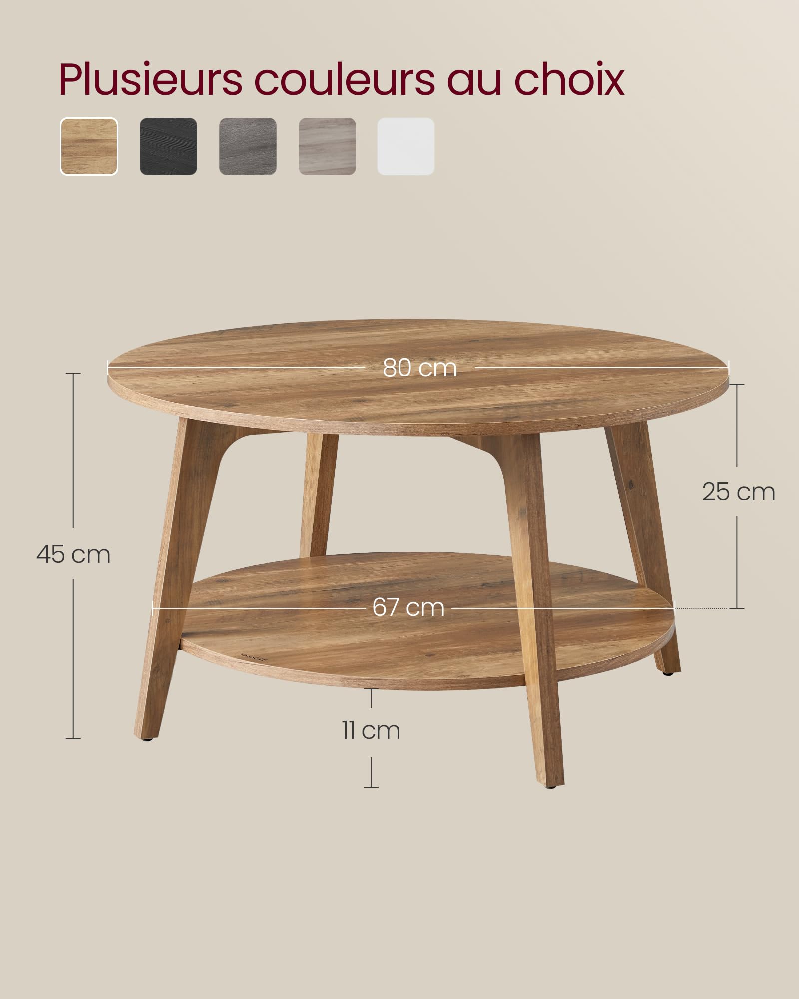 VASAGLE MAEZO Collection - Table Basse Ronde, Table de Salon à 2 Niveaux, pour Salon, 80 x 45 cm (Ø x H), Assemblage Facile, Marron Miel LCT243K41V1